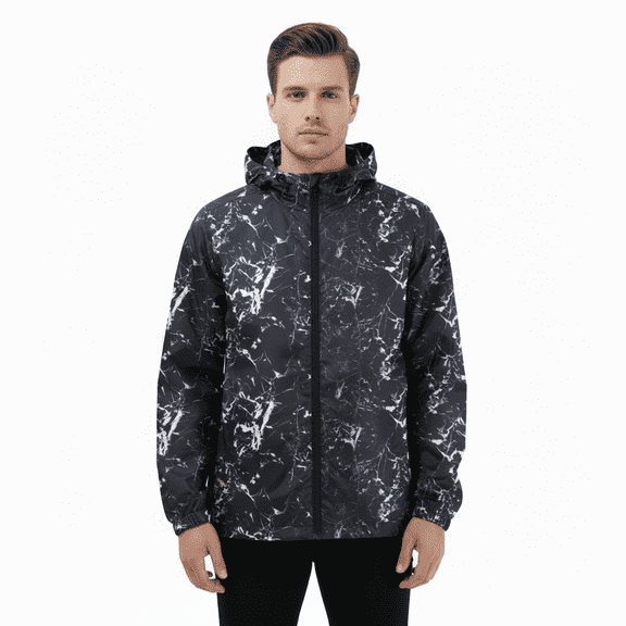 Beautiful Giant Polyester Men's Coat Long Sleeves Marble Windbreaker Hoodie Jacket for Hiking Trip