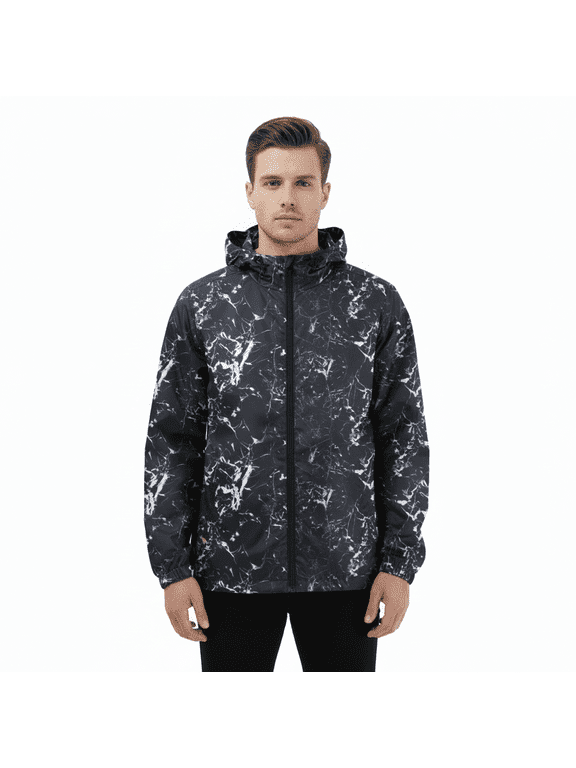 Polyester Men's Coat Long Sleeves Marble Windbreaker Hoodie Jacket for Hiking Trip