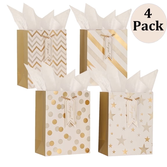9" Gift Bags Set with Tissue Paper for Birthday Party Wedding Baby Shower Craft Christmas Holiday(Gold)