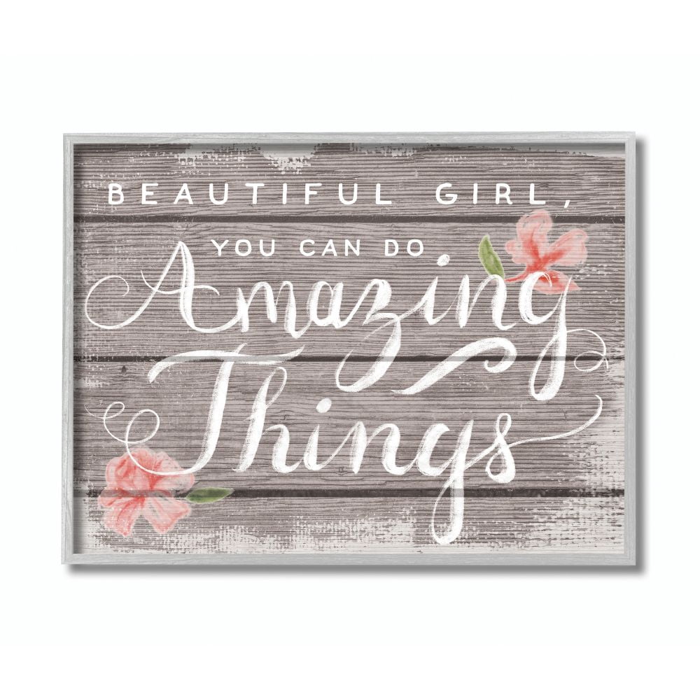 Beautiful Girl Inspirational Kids Flower Word Design Gray Farmhouse Rustic Framed Giclee Texturized Art by Daphne Polselli