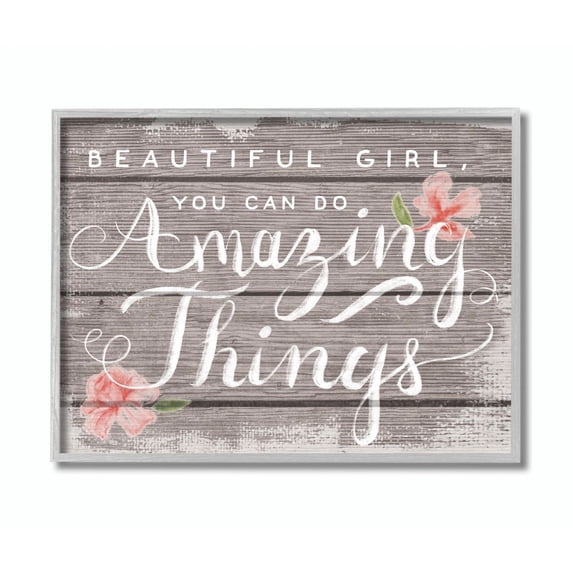 Beautiful Girl Inspirational Kids Flower Word Design Gray Farmhouse Rustic Oversized Framed Giclee Texturized Art by Daphne Polselli