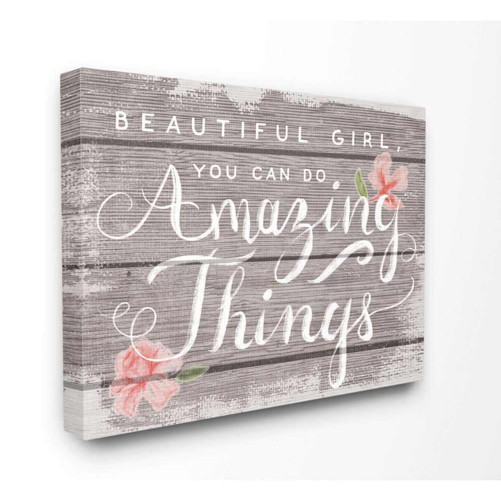Beautiful Girl Inspirational Kids Flower Word Design Oversized Stretched Canvas Wall Art by Daphne Polselli