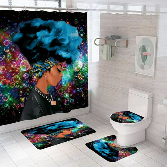 Beautiful Girl Shower Curtain Afro African American Woman Lady Shower Curtai,4 Pcs Set - 1 Shower Curtain & 3 Toilet Mat and Lid Cover Bathroom Decor with Hooks,Waterproof Polyester Fabric