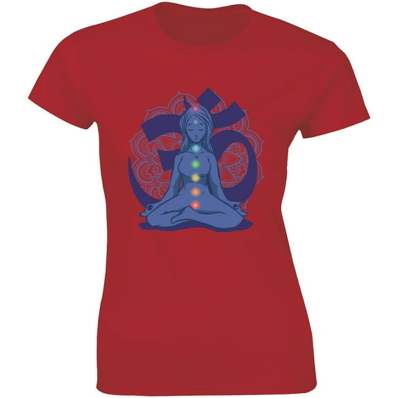 Beautiful Girl Sitting Self Meditation And Om Symbol In Background Design T-Shirt