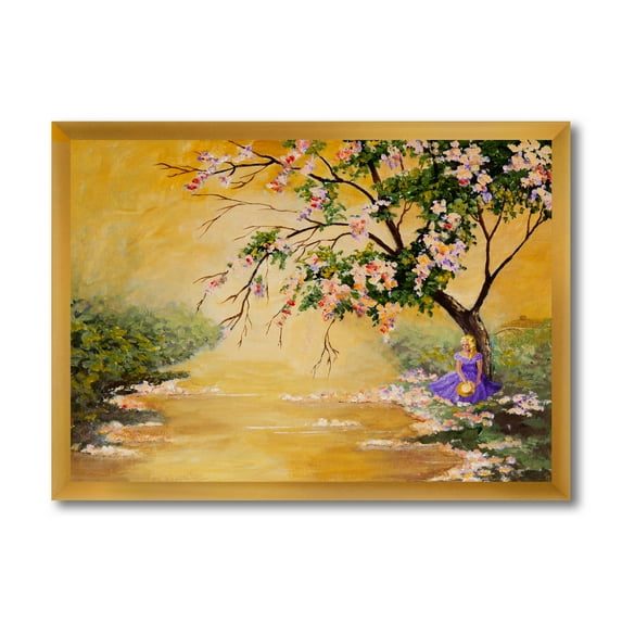 Beautiful Girl Standing By The Flowering Tree 20 in x 12 in Framed Painting Canvas Art Print, by Designart