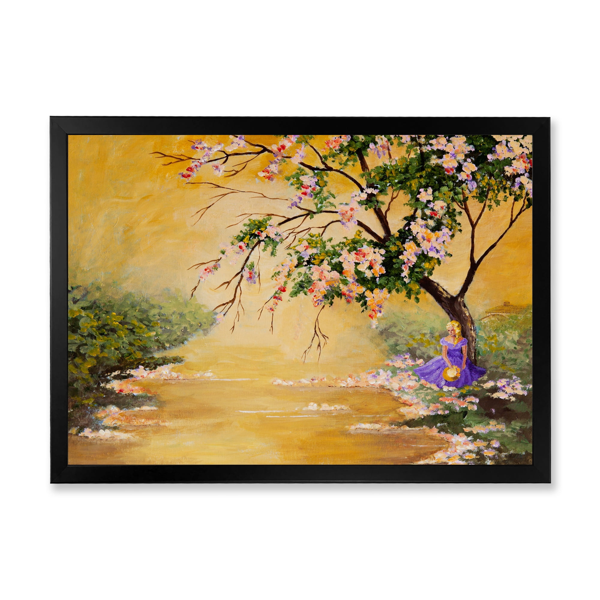 Beautiful Girl Standing By The Flowering Tree 20 in x 12 in Framed Painting Canvas Art Print, by Designart