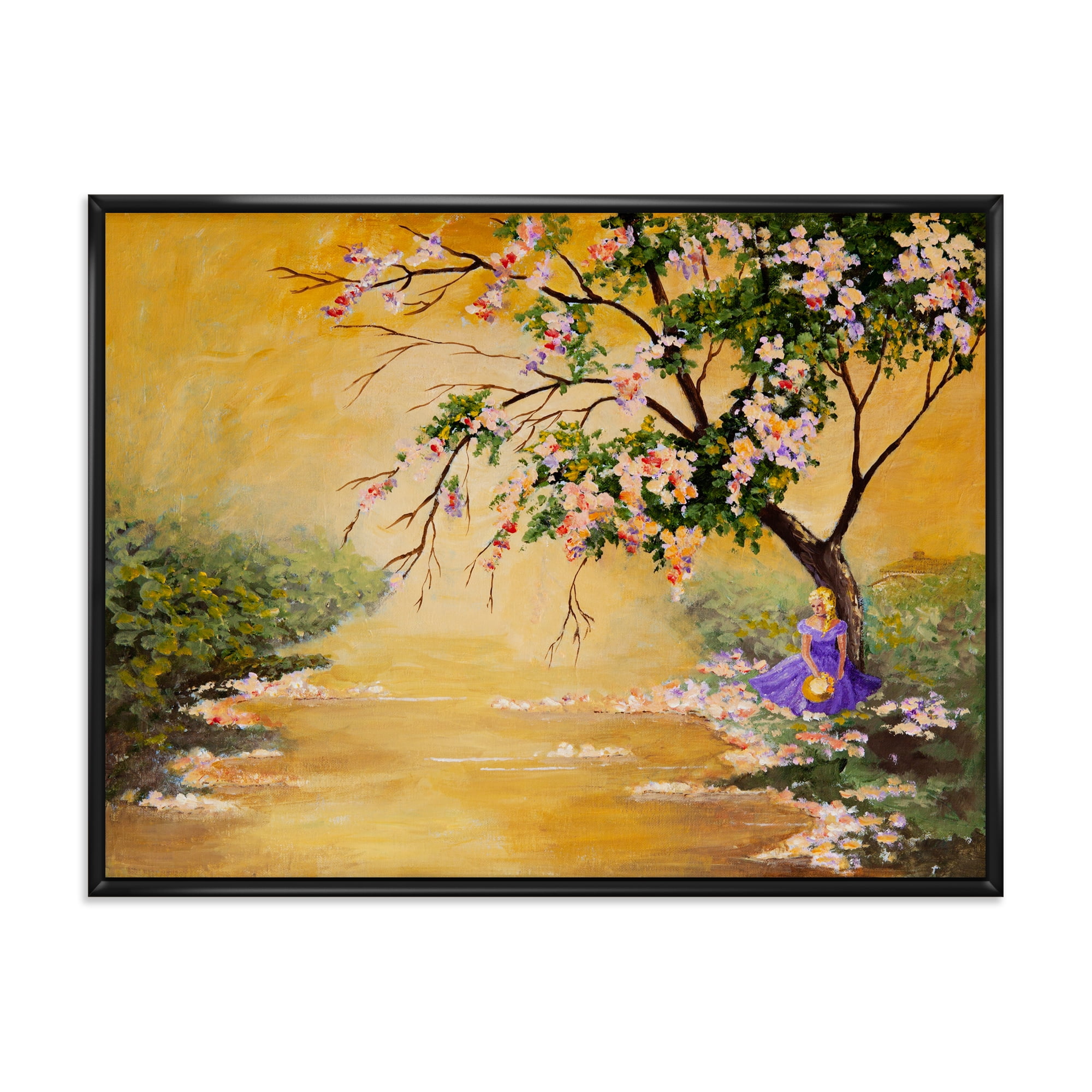 Beautiful Girl Standing By The Flowering Tree 32 in x 16 in Framed Painting Canvas Art Print, by Designart
