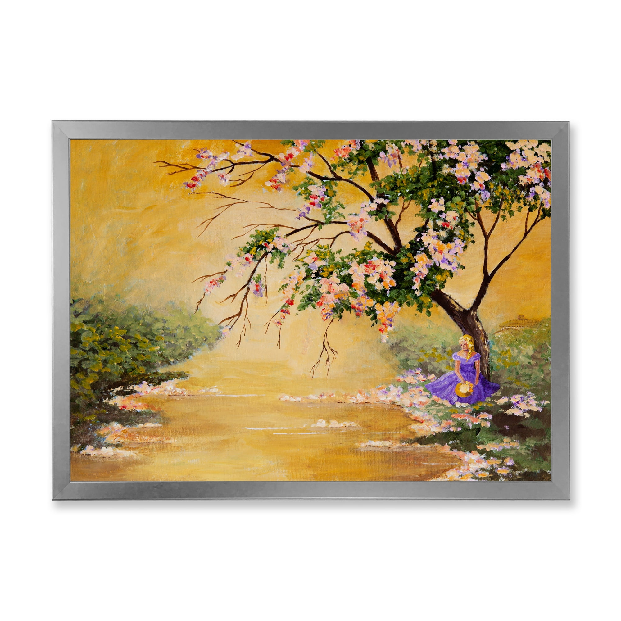 Beautiful Girl Standing By The Flowering Tree 32 in x 24 in Framed Painting Canvas Art Print, by Designart