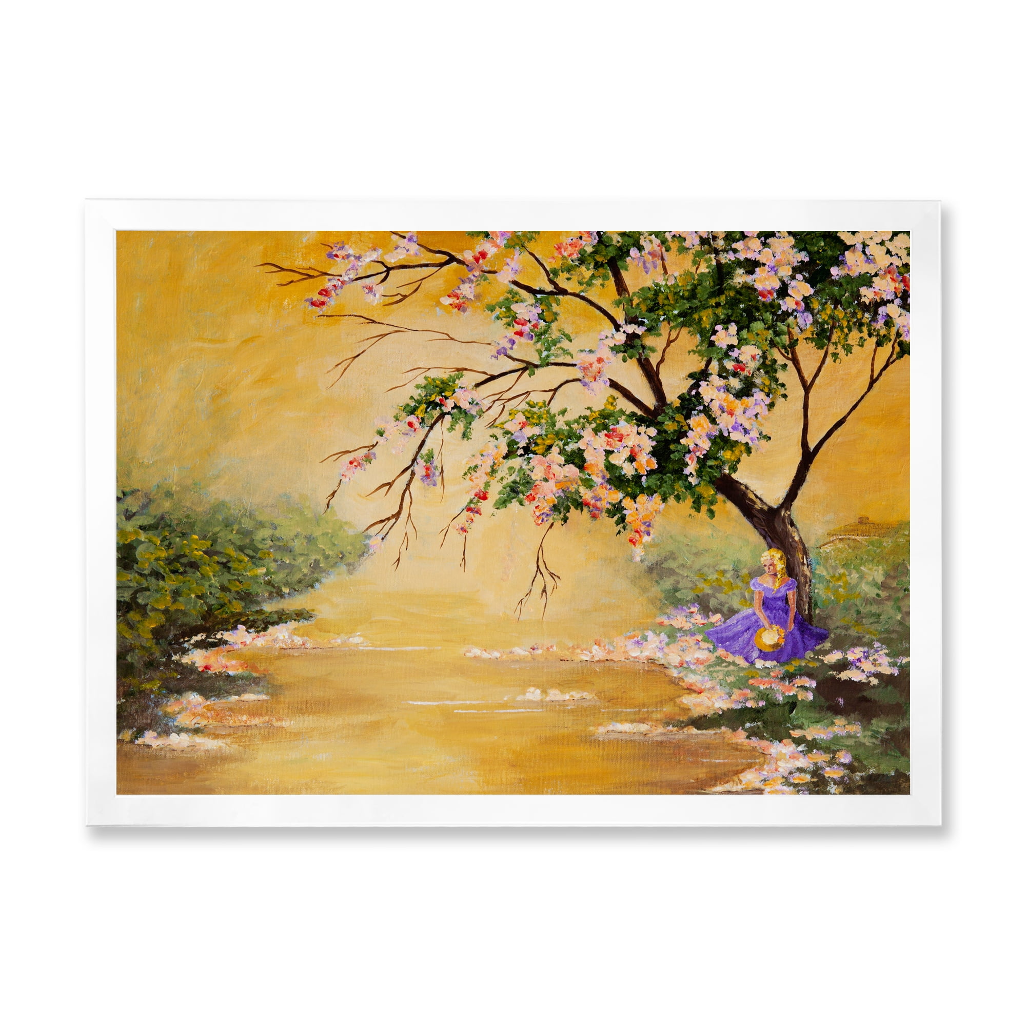 Beautiful Girl Standing By The Flowering Tree 40 in x 30 in Framed Painting Canvas Art Print, by Designart