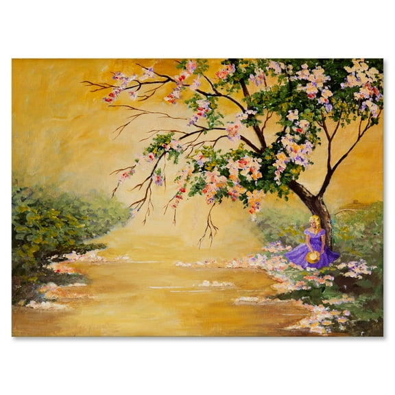 Beautiful Girl Standing By The Flowering Tree 8 in x 12 in Painting Canvas Art Print, by Designart