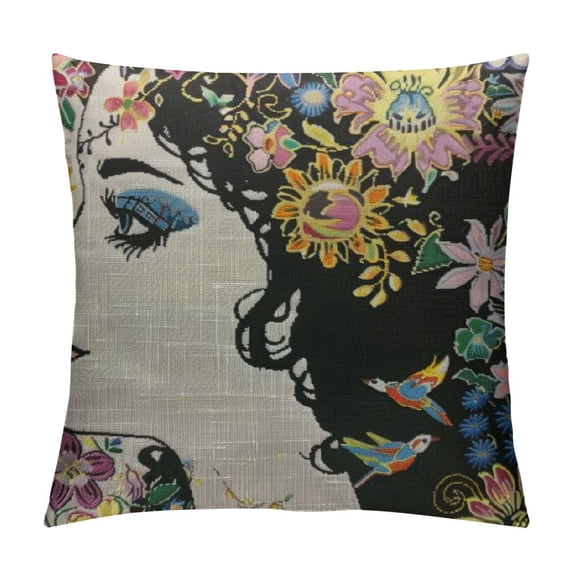Beautiful Girl Throw Pillow Cover Fashion Floral Decorative Hairstyle Girl and Butterfly Bird Decorative Square Pillow Case for Home Bedroom Living Room Cushion Cover