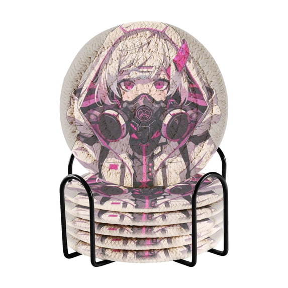 Beautiful Girl with Mask Coasters with Holder for Coffee Table 6 Pcs Drink Coaster Sets Absorbent for Home Decor 4 inch