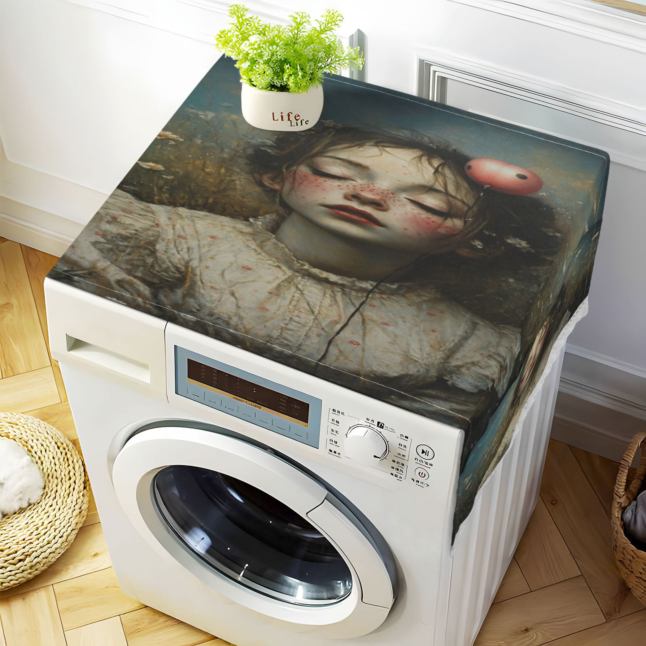 Beautiful GirlWasher and Dryer Covers Dust-Proof and Oil Resistant Fridge Cover with 4 Storage Pockets Washing Machine Top Cover for Laundry Kitchen Home 51.2 x 22 In