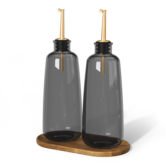 Beautiful 2-Piece Glass Oil and Vinegar Dispenser Set with Acacia Wood Tray by Drew Barrymore