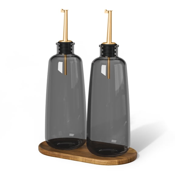 Beautiful 2-Piece Glass Oil and Vinegar Dispenser Set with Acacia Wood Tray by Drew Barrymore