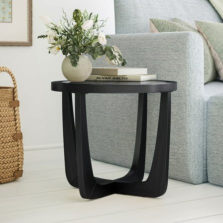 Beautiful Glass Rattan End Table, Black