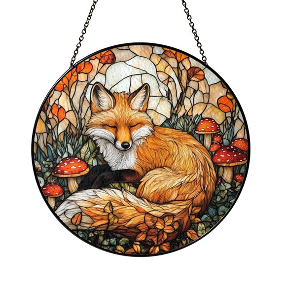 Beautiful Golden Fox with Glowing Mushrooms Spring Suncatcher Decor