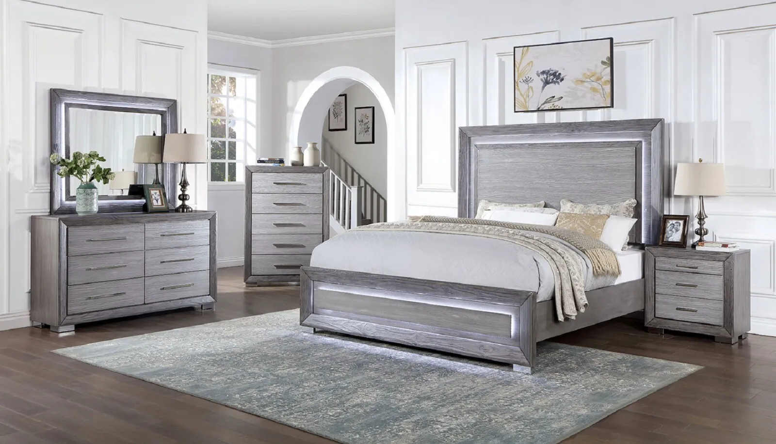 Beautiful Gray Color Solidwood 6pcs Bedroom Furniture Set California King Size Bed W LED Panel Bed