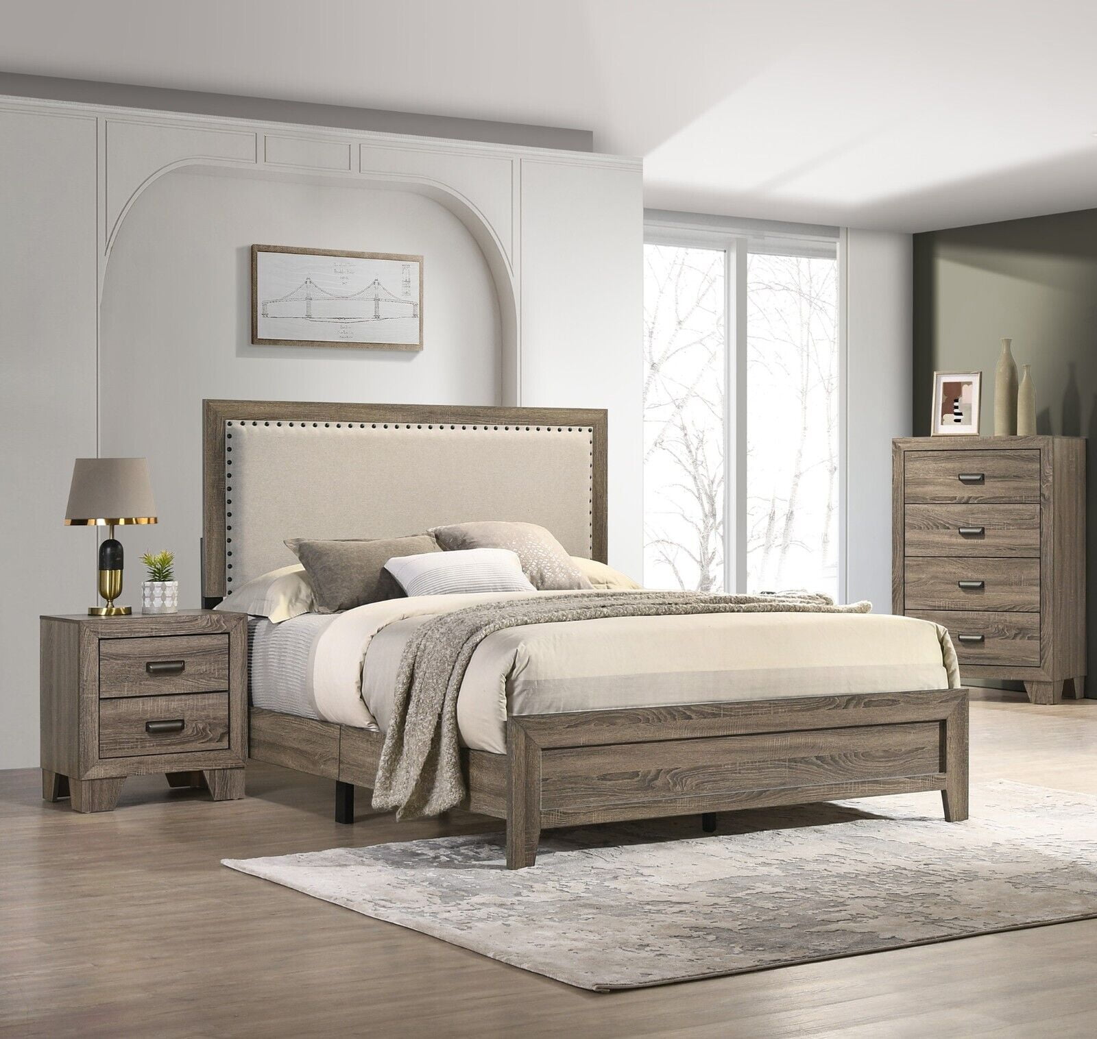 Beautiful Gray Finish 3Pc King Size Panel Bed Nightstand Chest Wooden ...