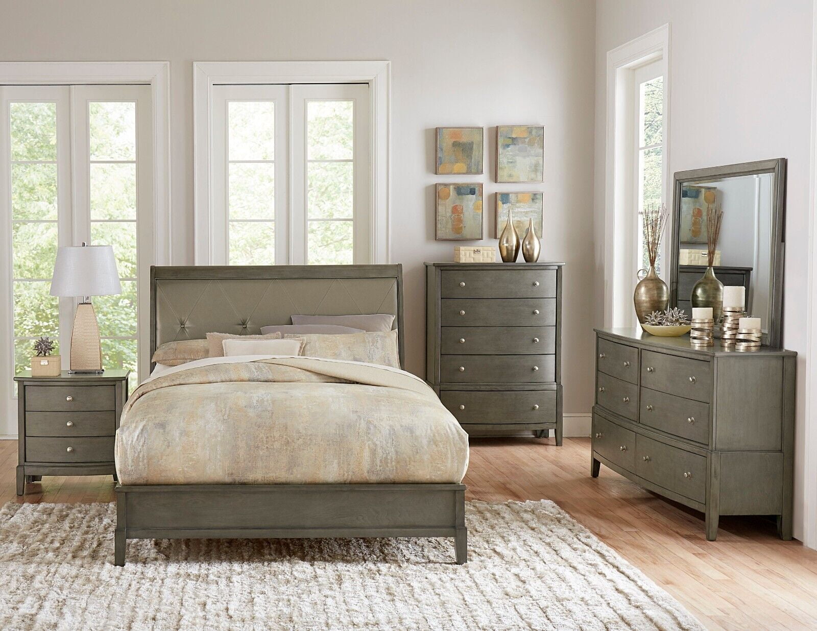 Beautiful Gray Finish 4pc Bedroom Furniture Set Queen Size Sleigh Bed Button-Tufted Headboard Nightstand Dresser Mirror