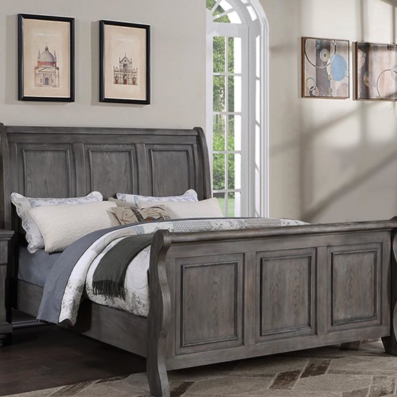 Beautiful Gray Queen Size Bed With Design Headboard Finish Transitional Bedroom Furniture Style