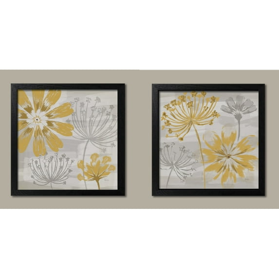 Beautiful Gray and Dark Yellow Blooming Flower Set by Veronique Charron; Floral Décor; Two 12x12in Black Framed Prints, Ready to Hang!