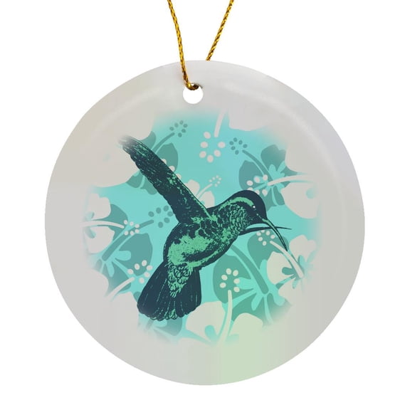 3drose, Beautiful Green and Blue Hummingbird on White Hibiscus Background, Circle Porcelain Ornament