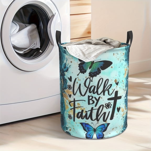 Beautiful Green Butterfly-patterned Laundry Basket, Large Capacity and Foldable Oxford Fabric, with Handle for Easy Carrying. Suitable for Storing Toys and Clothes in The Bedroom and Bathroom.