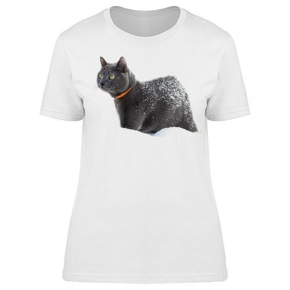 Beautiful Grey Cat Covered Snow T-Shirt Women -Image by Shutterstock, Female XX-Large