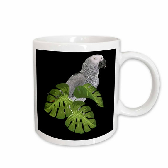 3drose, Beautiful Grey Parrot on Black Background, 11oz Mug