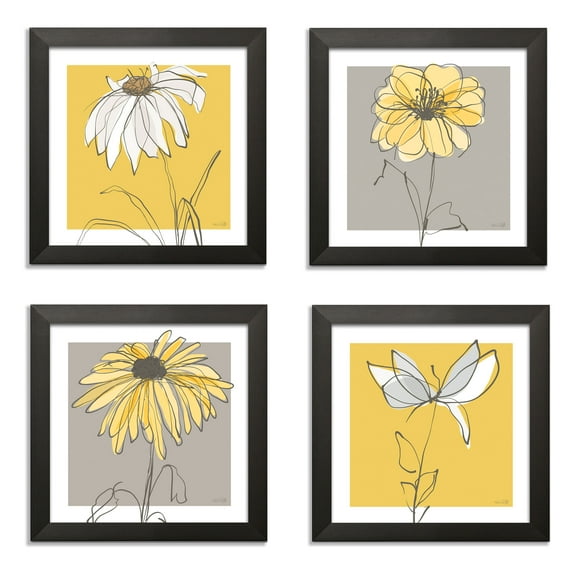 Beautiful Grey & Yellow Flower Prints, 4-12x12" Black Framed Posters