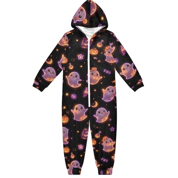 Beautiful Halloween Ghosts Boys & Girls Hooded One-Piece Pajamas Warm Crystal velvet Hooded Long Sleeve Loungewear Jumpsuit Unisex
