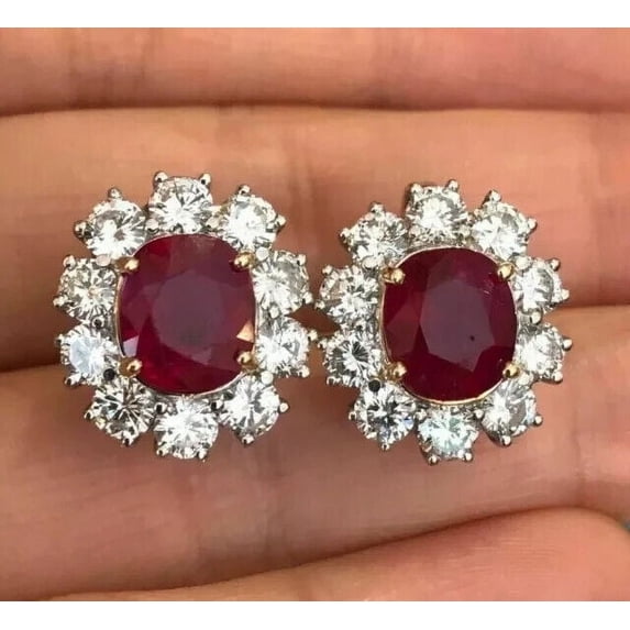 Beautiful Halo Women's Floral Drop Earrings in 14k White Gold Plated Oval Cut Red Ruby & Diamond