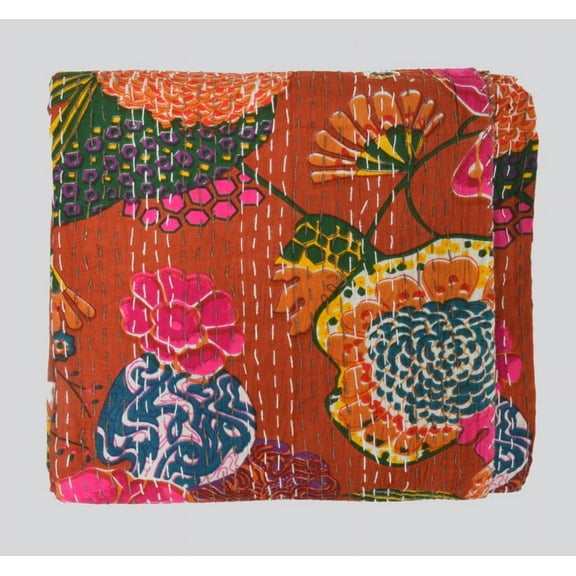 Beautiful Hand Block Print Indian Pink Kantha Quilt King Size Handmade Kantha Bed Cover Throw Reversible Blanket Bedding Pure Cotton Throw