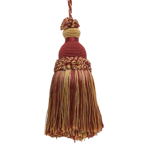 Beautiful Hand-crafted 5" (12.5cm) Key Tassel, 3 1/2" (8.5cm) Loop # IKTJ,, Burgundy Gold Red #1253 (Carmine Red, Yellow Gold, Dark Red) Set of 10