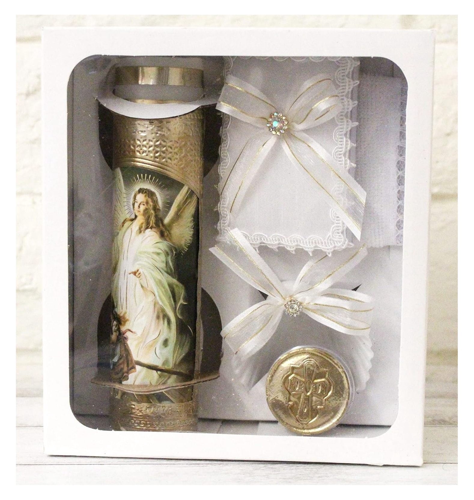 Handmade Silver Cross Embroidered Lace Baptism Set – Candle, Rosary, Bible, Hanky, Shell In Gift Box