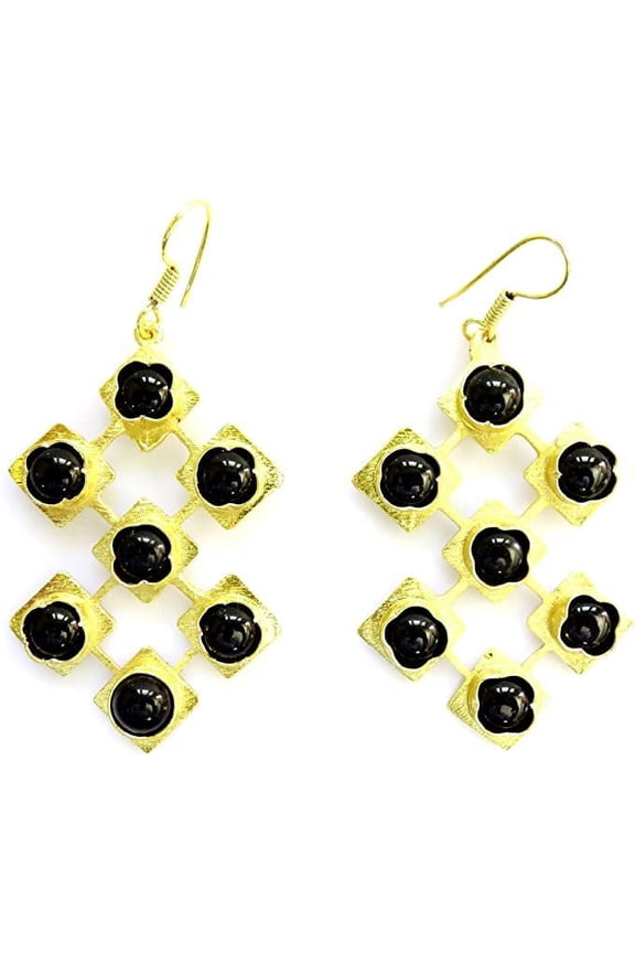 Beautiful Handmade Black Onyx Gemstone Fashion Drop Earrings for Women 18ct Gold Plated Unique Designer Modern Contemporary Earring Jewelry by Artisan