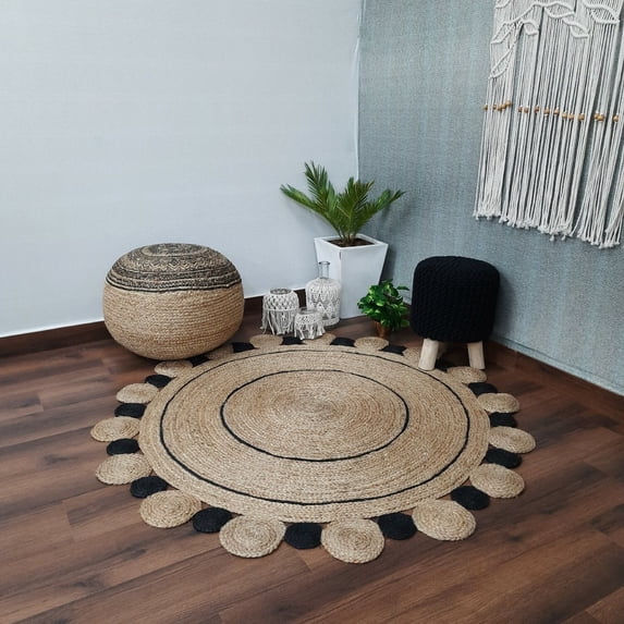 Beautiful Handmade Braided Natural Pure Jute with Black Design Round Rugs Size 4 x 4 Feet Round