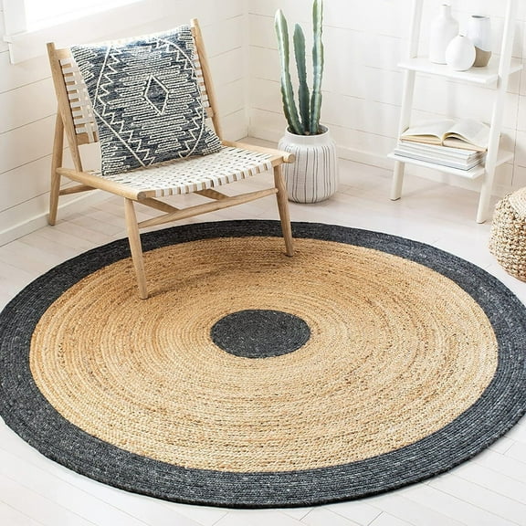 Beautiful Handmade Braided Natural Pure Jute with Black Design Round Rugs Size 7 x 7 Feet Round