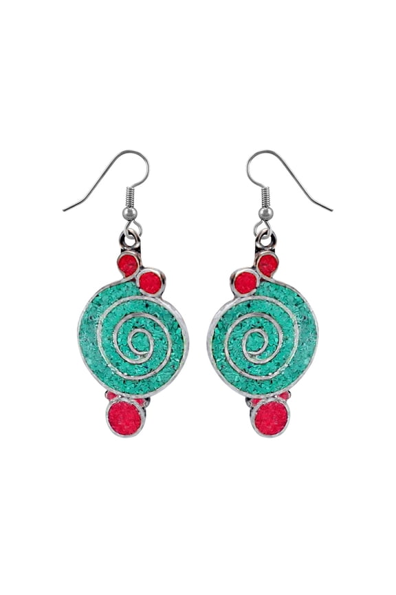 Beautiful Handmade Compressed Turquoise and Coral Gemstone Inlay Drop Earring for Women Teens 925 Silver Plated Ethnic Gypsy Boho Fashion Party Earring Jewelry