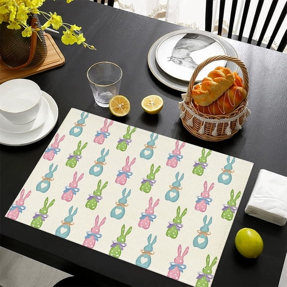 Beautiful Happy Easter Placemats, Set of 4 Vintage Style Spring Table Mats for Kitchen Dining Decor with Bunny and Chick Design, Holiday Table Setting Accessories for Easter Dinner Party Celebration