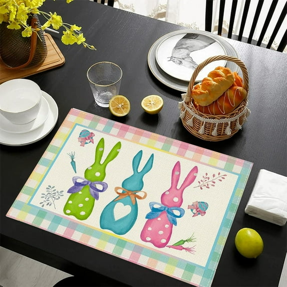 Beautiful Happy Easter Table Mat Spring Easter Placemats: Vintage Bunny Chick Design, 11.8x17.7" Flax Table Mats, Spring Holiday Dining Decor, for Kitchen, Parties, Gifts