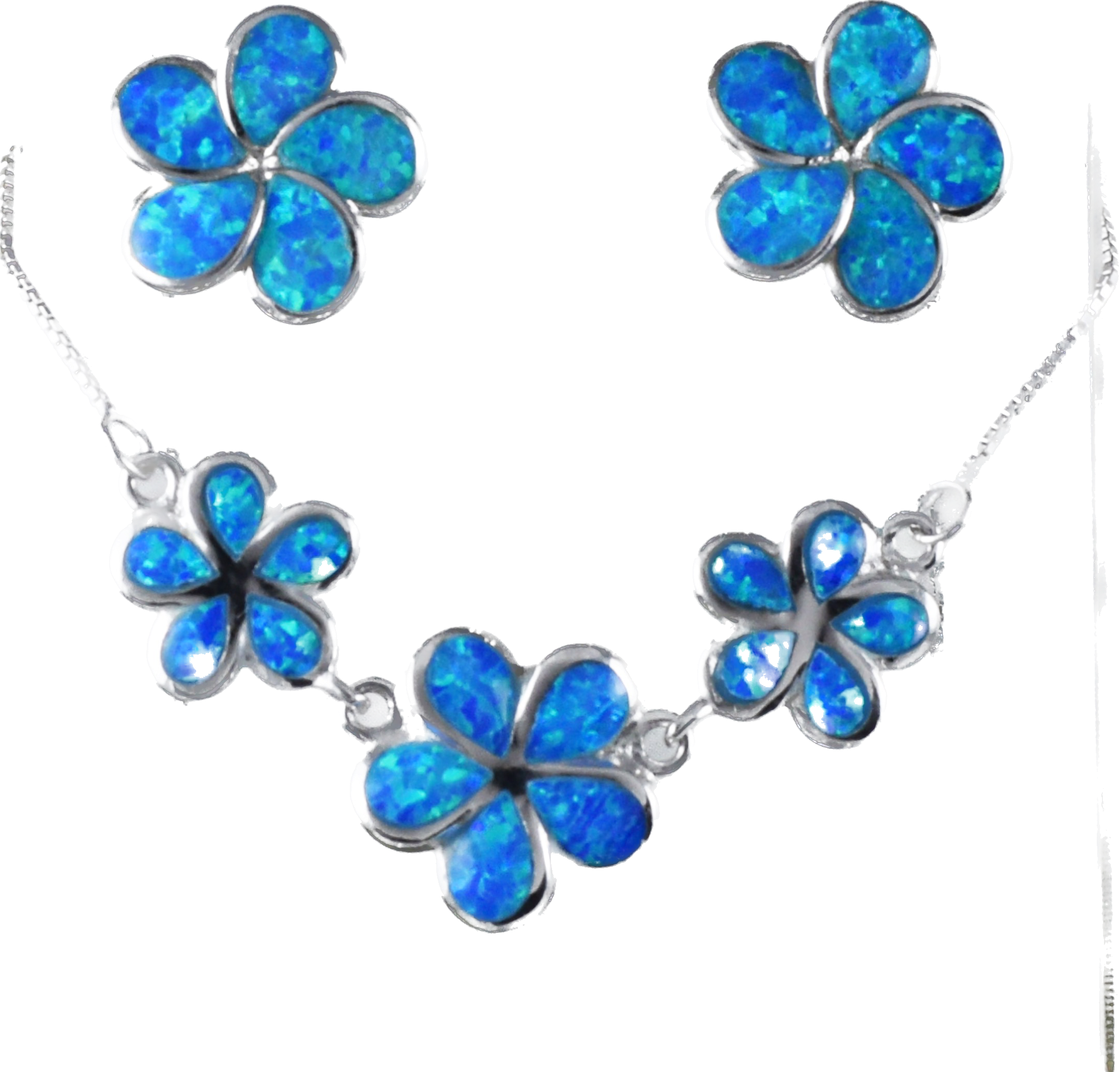 Beautiful Hawaiian 3 Blue Opal Plumeria Earring and Necklace, Past