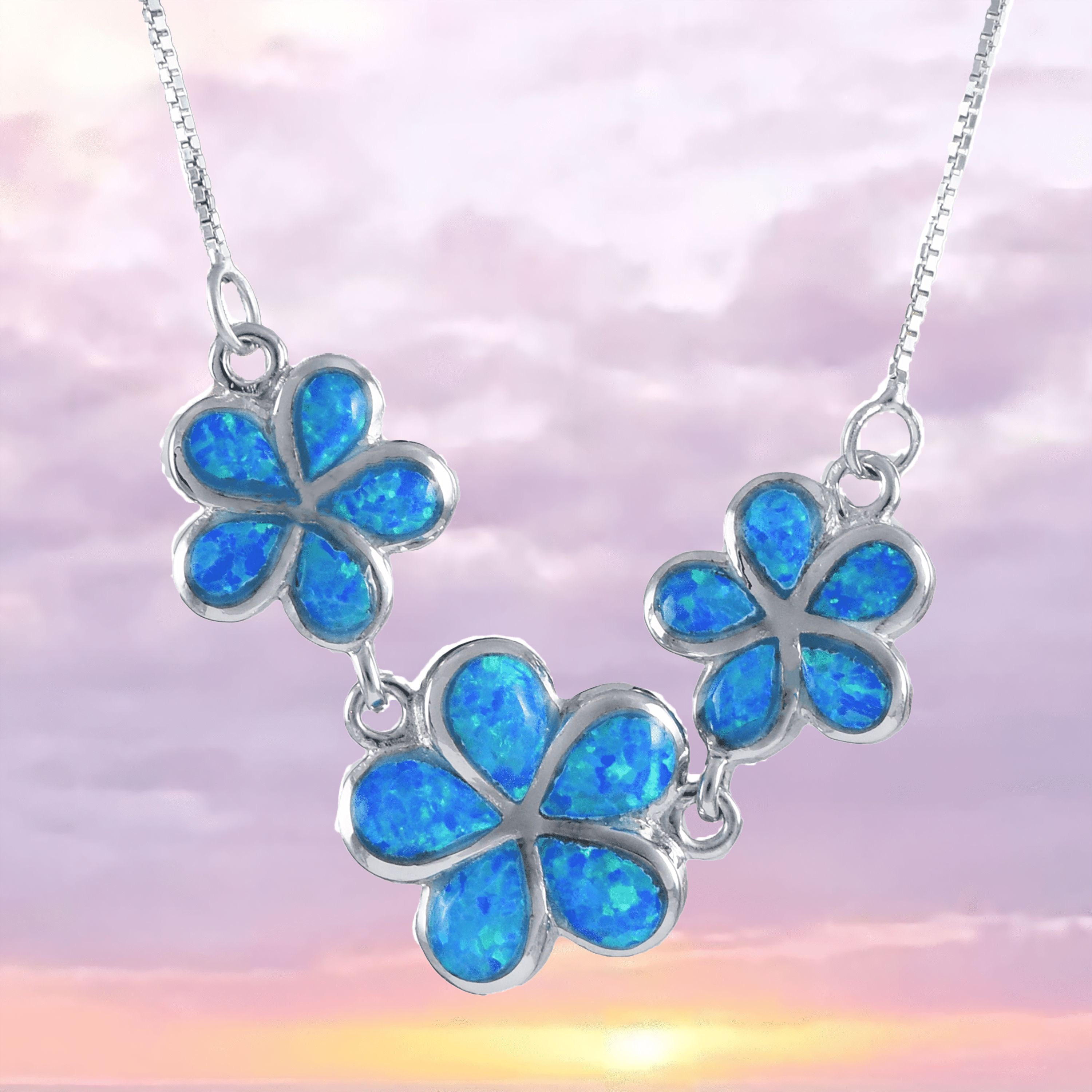 Beautiful Hawaiian 3 Blue Opal Plumeria Necklace, Past Present