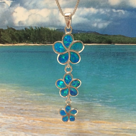 Beautiful Hawaiian 3 Blue Opal Plumeria Necklace, Past Present & Future, Sterling Silver Plumeria Pendant, N6145 Birthday Valentine Mom Gift