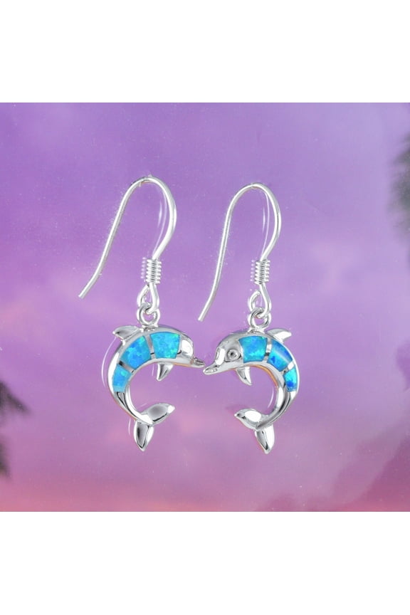Beautiful Hawaiian Blue Opal Dolphin Earring, Sterling Silver Blue Opal Dolphin Dangle Earring, E4030 Birthday Wife Mom Valentine Gift