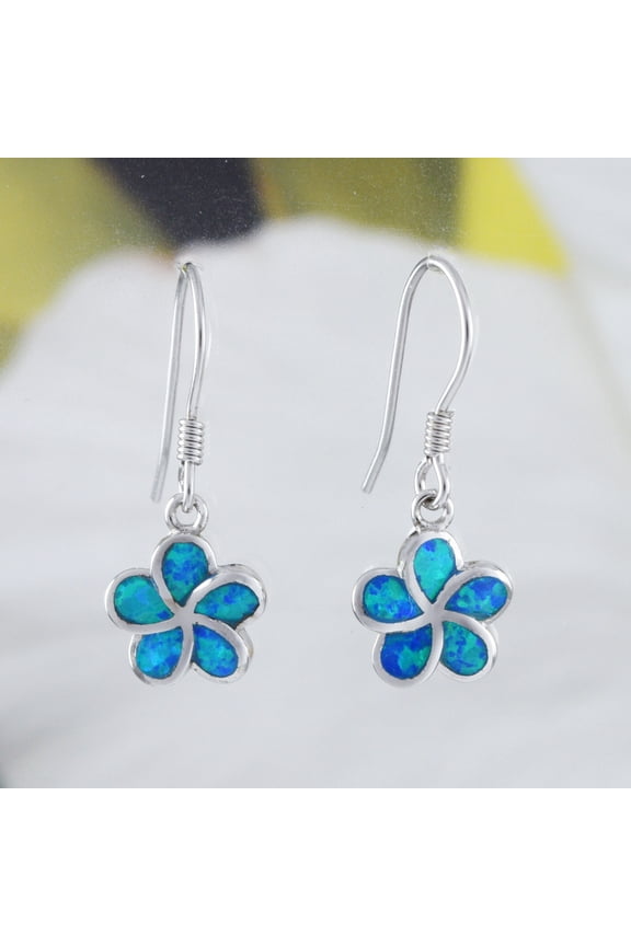 Beautiful Hawaiian Blue Opal Plumeria Earring, Sterling Silver Blue Opal Plumeria Flower Dangle Earring, E4026 Birthday Mom Valentine Gift