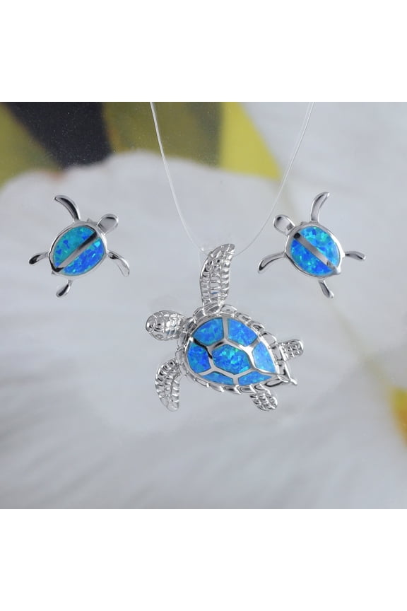 Beautiful Hawaiian Blue Opal Sea Turtle Earring and Necklace, Sterling Silver Blue Opal Turtle Pendant, N6021S Birthday Valentine Mom Gift