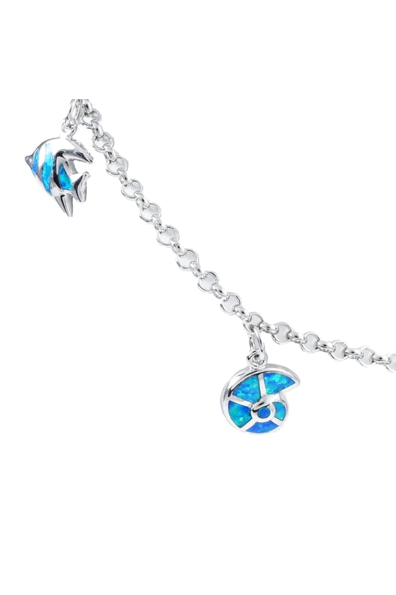 Beautiful Hawaiian Blue Opal Starfish Angelfish Seashell Bracelet, Sterling Silver Opal Sea Life Bracelet, B3314 Birthday Mom Valentine Gift
