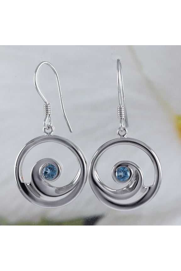 Beautiful Hawaiian Genuine Blue Topaz Ocean Wave Earring, Sterling Silver Wave Dangle Earring, E8916 Valentine Birthday Mom Wife Gift